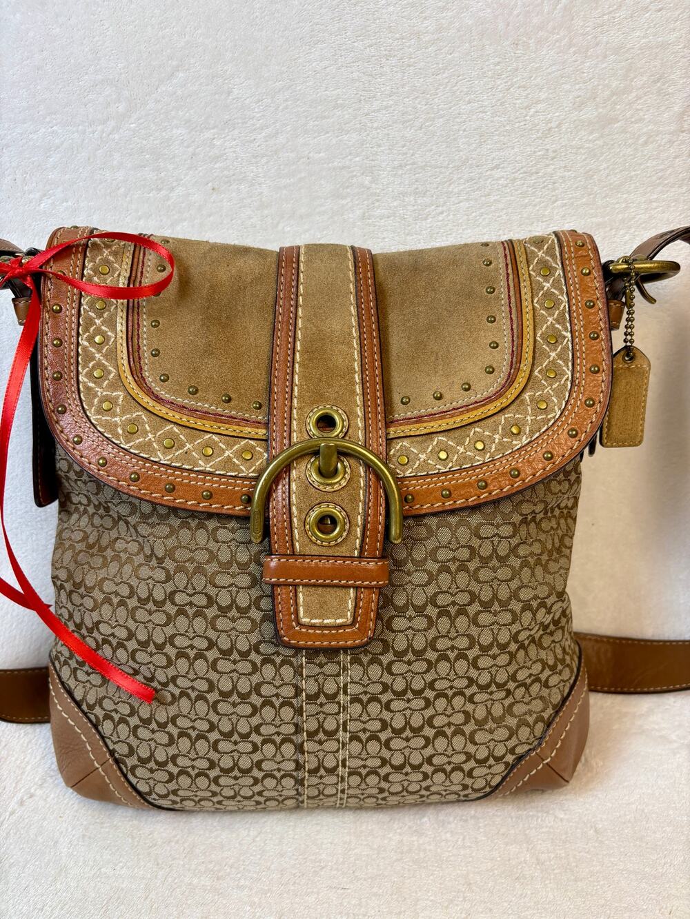 Coach Soho Y2K Signature Suede Studded Flap Convertible Crossbody/Messenger Bag